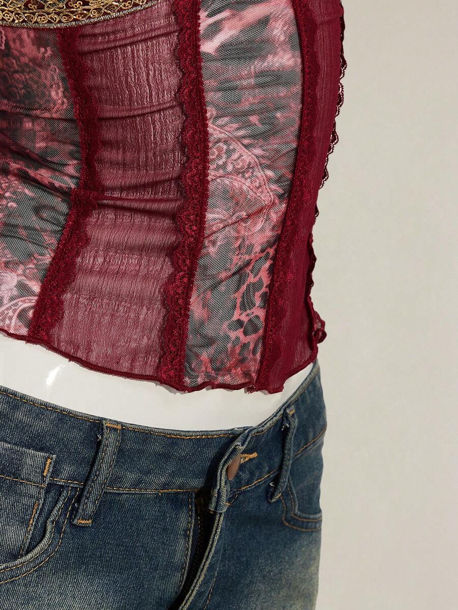 Women's Y2K fitted camisole with V-neckline, contrast lace patchwork, slim fit silhouette, backless design, and asymmetrical hem