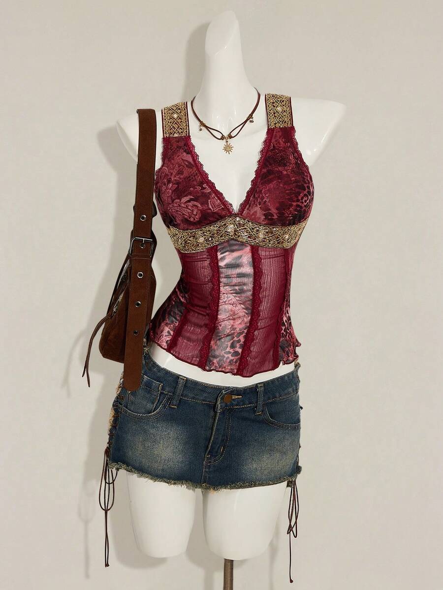 Women's Y2K fitted camisole with V-neckline, contrast lace patchwork, slim fit silhouette, backless design, and asymmetrical hem