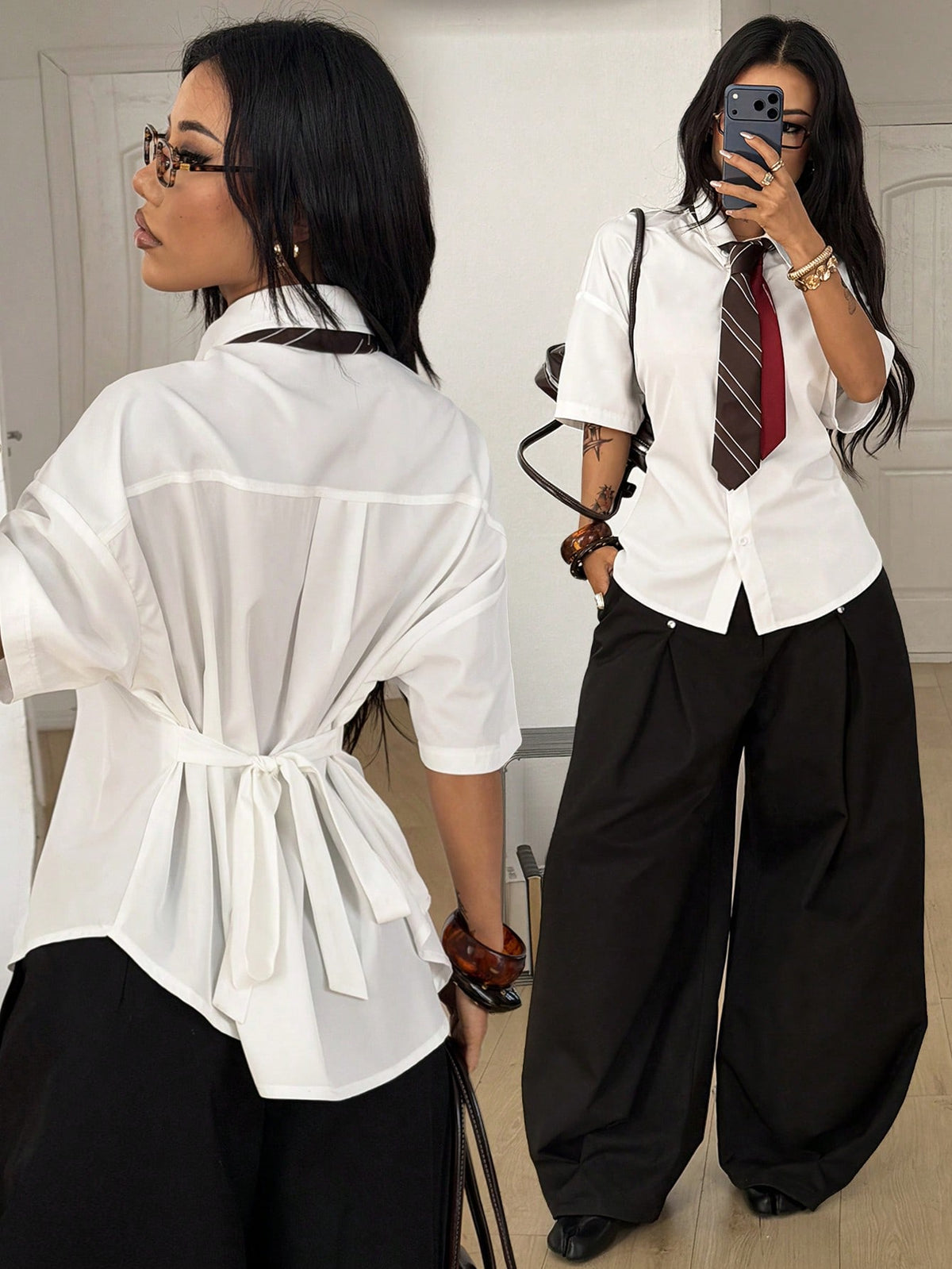 Women's casual button up shirt with half sleeves, classic shirt collar, and chest pocket in a woven fabric.