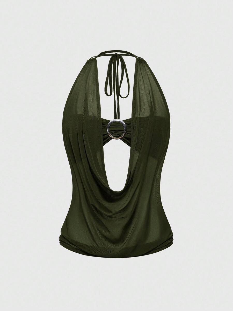 Women's Y2K retro crop tank top with draped halter neckline, cut-out detail, slim fit, and backless design