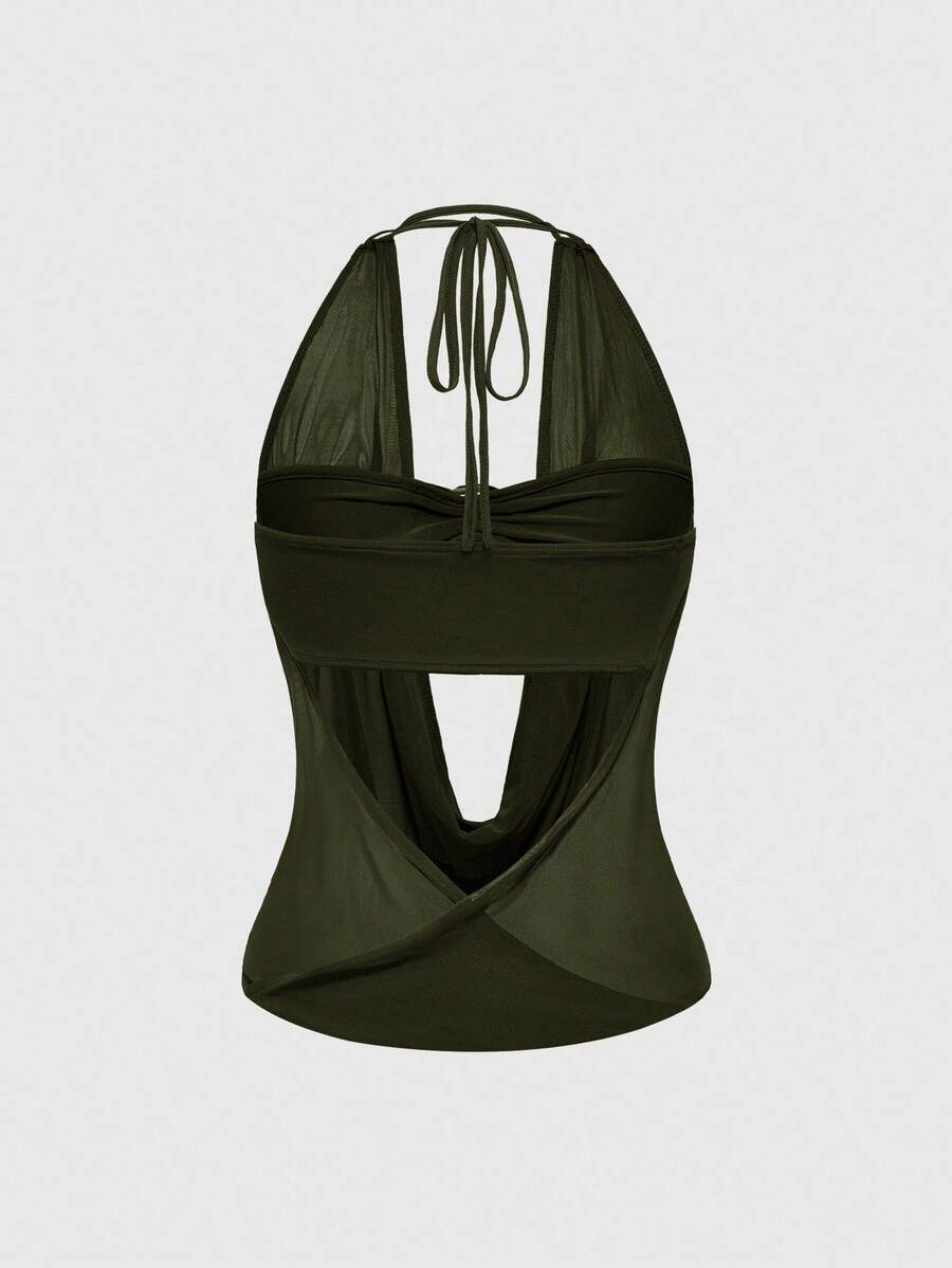 Women's Y2K retro crop tank top with draped halter neckline, cut-out detail, slim fit, and backless design