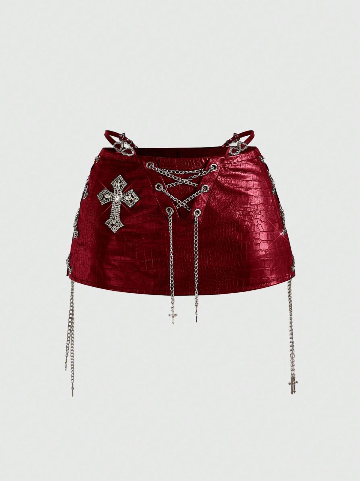 Women's low waist retro bodycon mini skirt with decorative chain, knot, and zipper details.