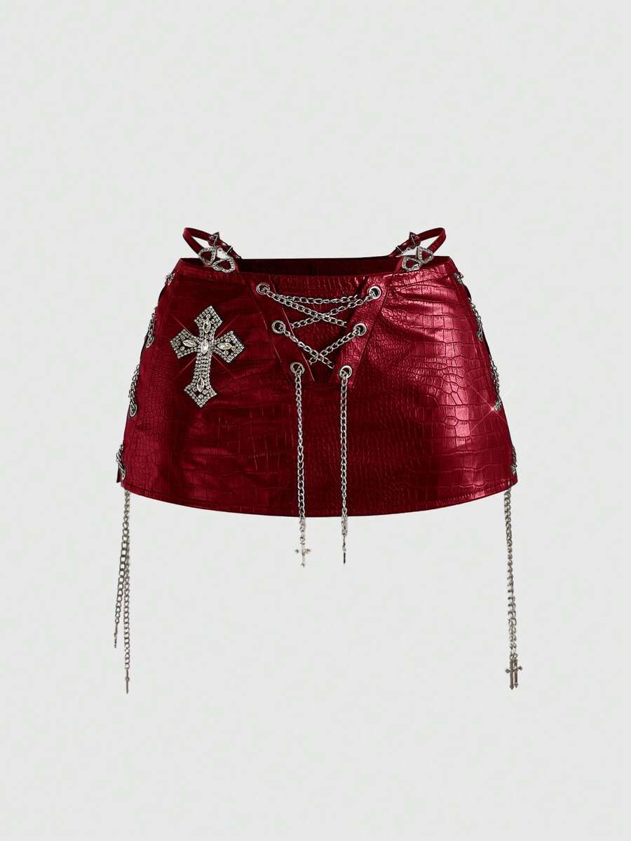 Women's low waist retro bodycon mini skirt with decorative chain, knot, and zipper details.