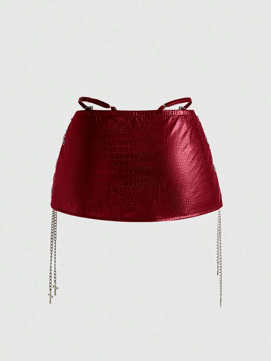 Women's low waist retro bodycon mini skirt with decorative chain, knot, and zipper details.
