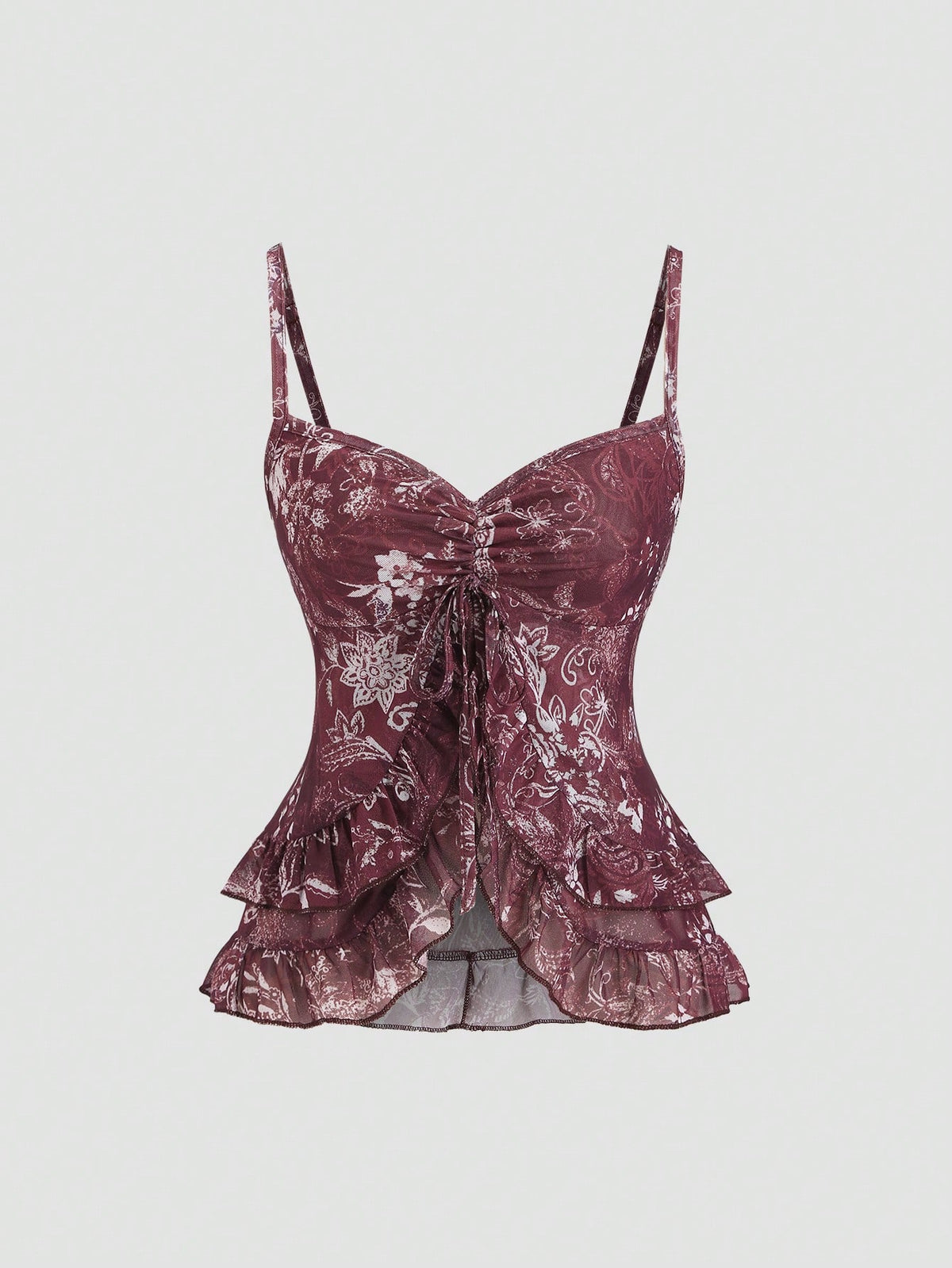 Women's vintage printed mesh ruffle strap camisole top in Army Green featuring cold shoulder style, spaghetti straps, jacquard pattern detail, and a slim crop fit.