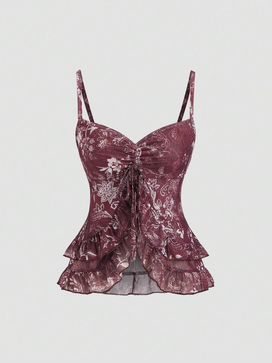 Women's vintage printed mesh ruffle strap camisole top in Army Green featuring cold shoulder style, spaghetti straps, jacquard pattern detail, and a slim crop fit.