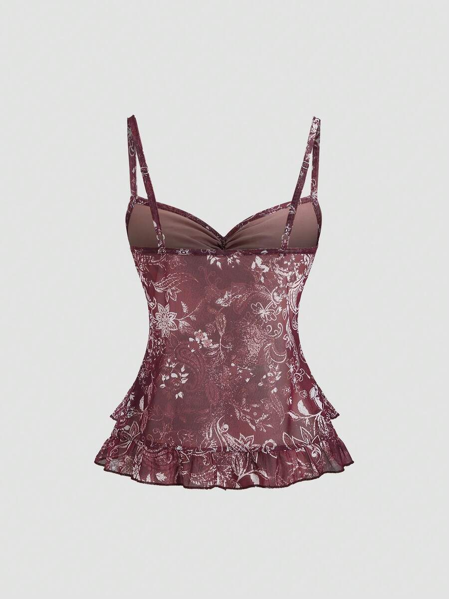 Women's vintage printed mesh ruffle strap camisole top in Army Green featuring cold shoulder style, spaghetti straps, jacquard pattern detail, and a slim crop fit.