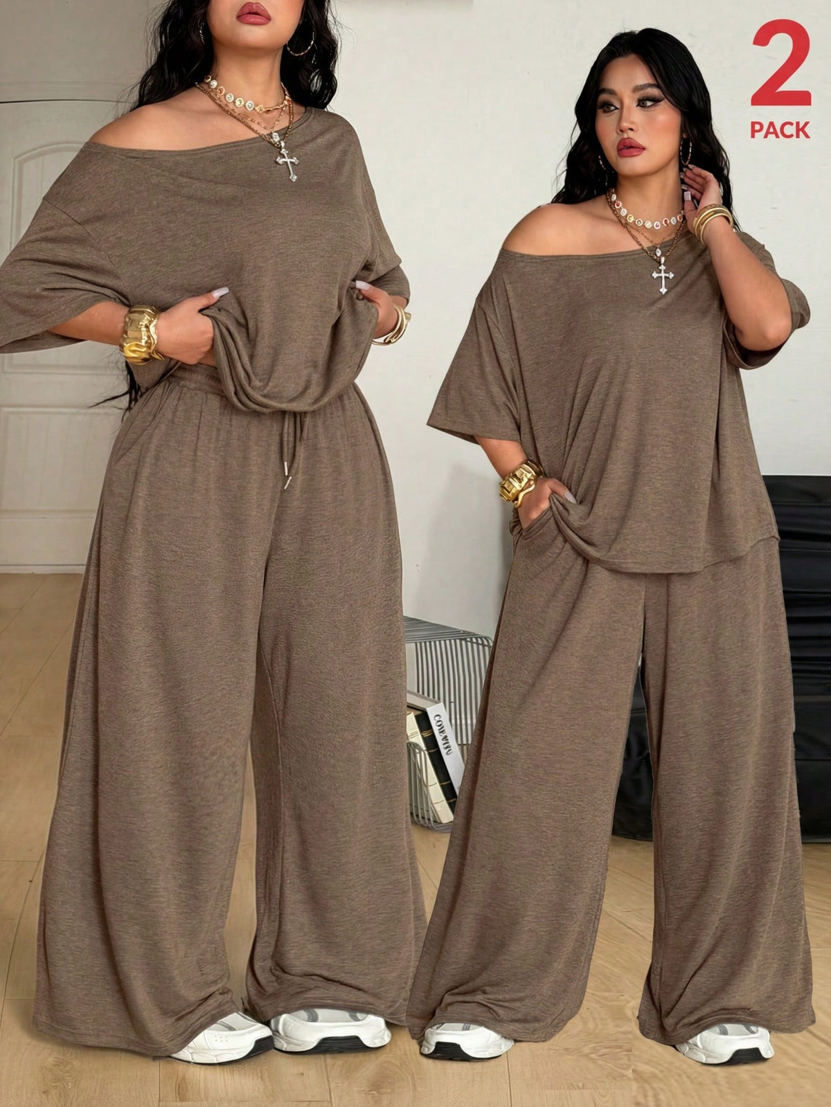 Women's casual two-piece outfit featuring a loose short-sleeve asymmetrical neck t-shirt and matching long wide leg pants with pockets.