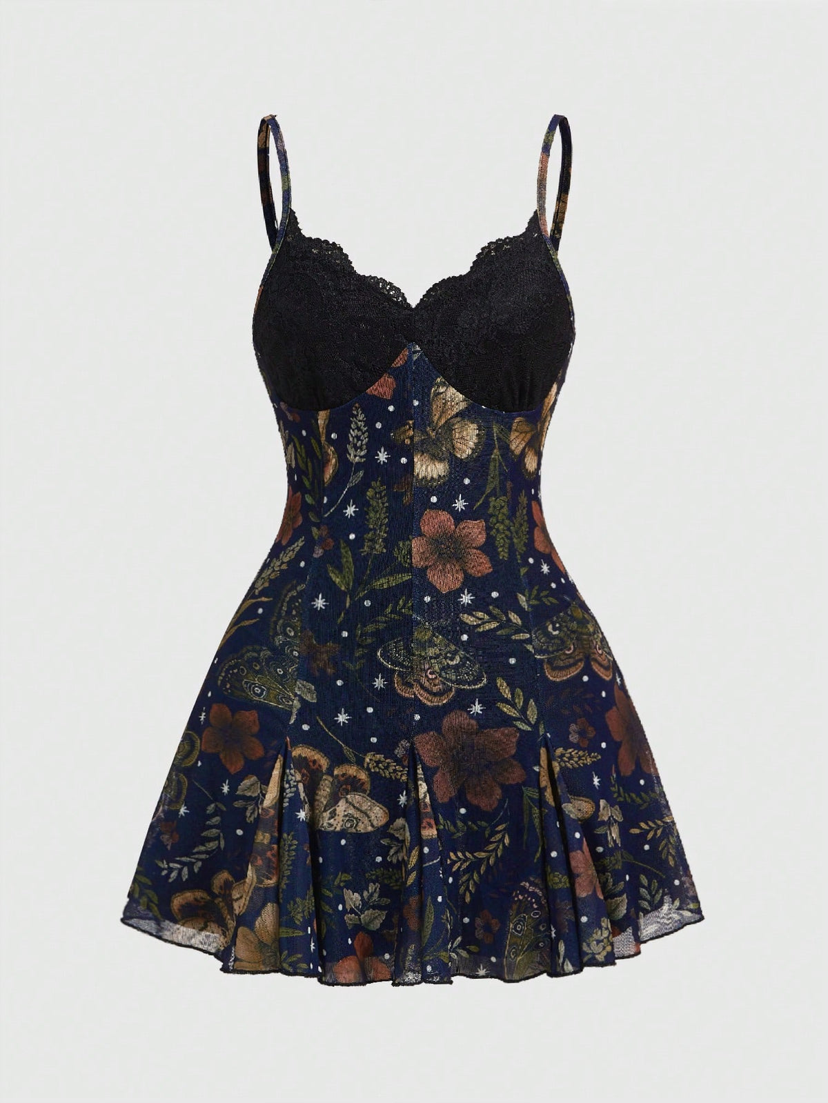 Women's Halloween boho gothic cami mini dress with spaghetti straps, contrast lace, pleated details, split design, high waist, and flared hem.