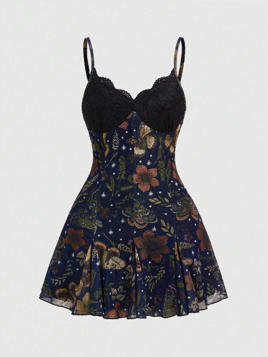 Women's Halloween boho gothic cami mini dress with spaghetti straps, contrast lace, pleated details, split design, high waist, and flared hem.