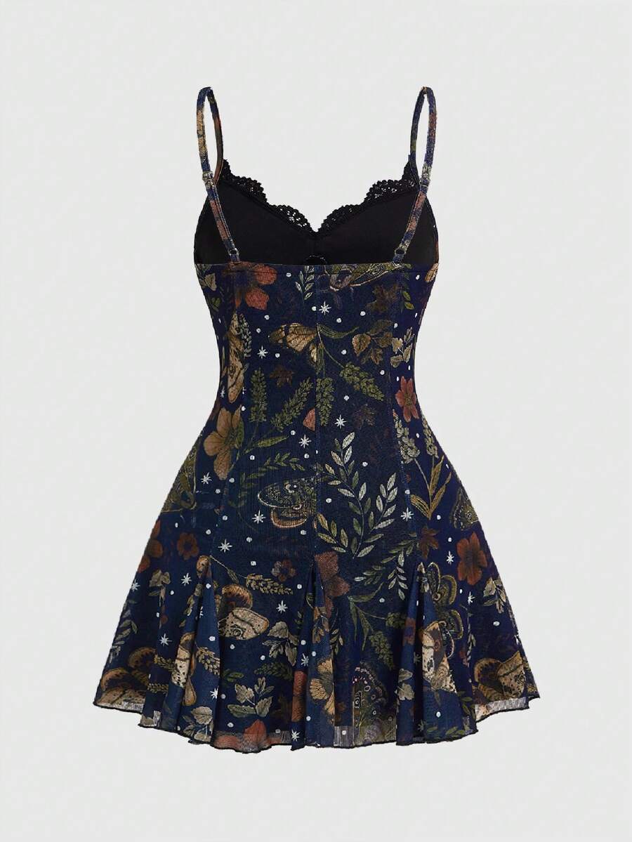 Women's Halloween boho gothic cami mini dress with spaghetti straps, contrast lace, pleated details, split design, high waist, and flared hem.