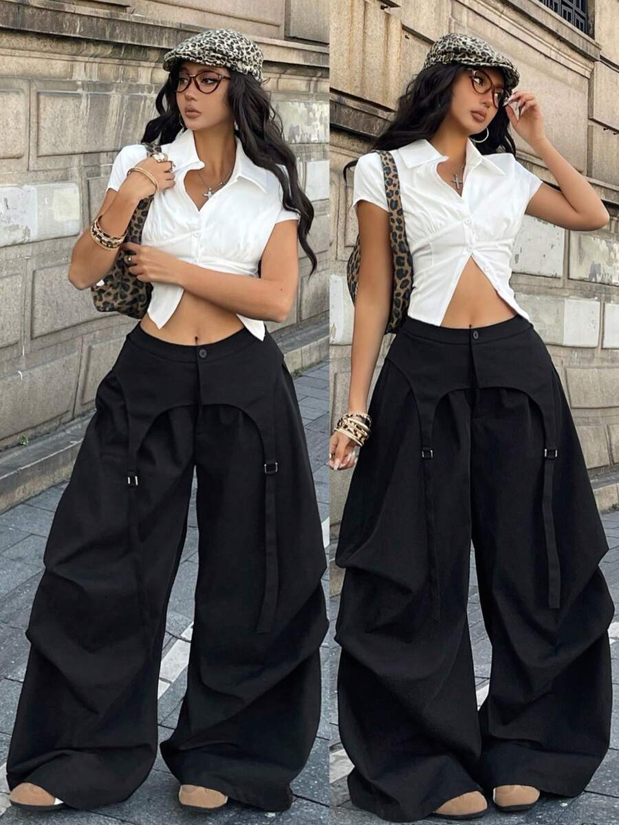 Women's loose fit wide leg utility parachute pants with functional pockets and low waist design