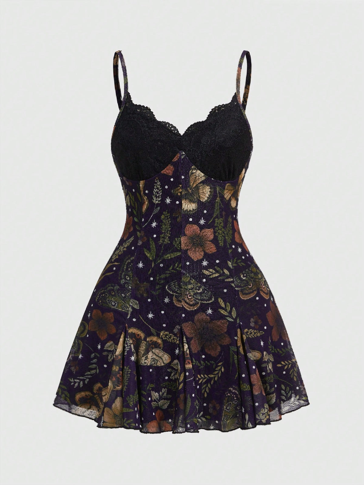 Women's Halloween boho gothic cami mini dress with spaghetti straps, contrast lace, pleated details, split design, high waist, and flared hem.