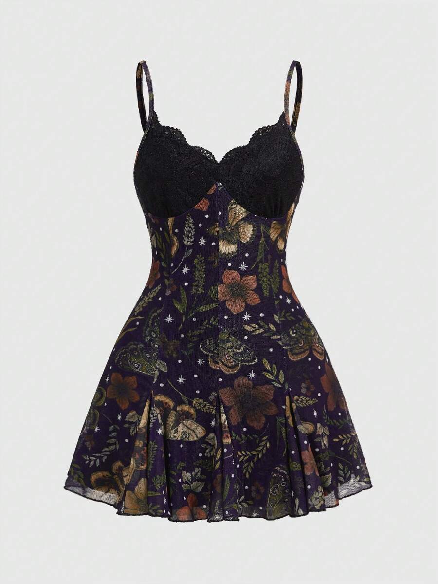 Women's Halloween boho gothic cami mini dress with spaghetti straps, contrast lace, pleated details, split design, high waist, and flared hem.