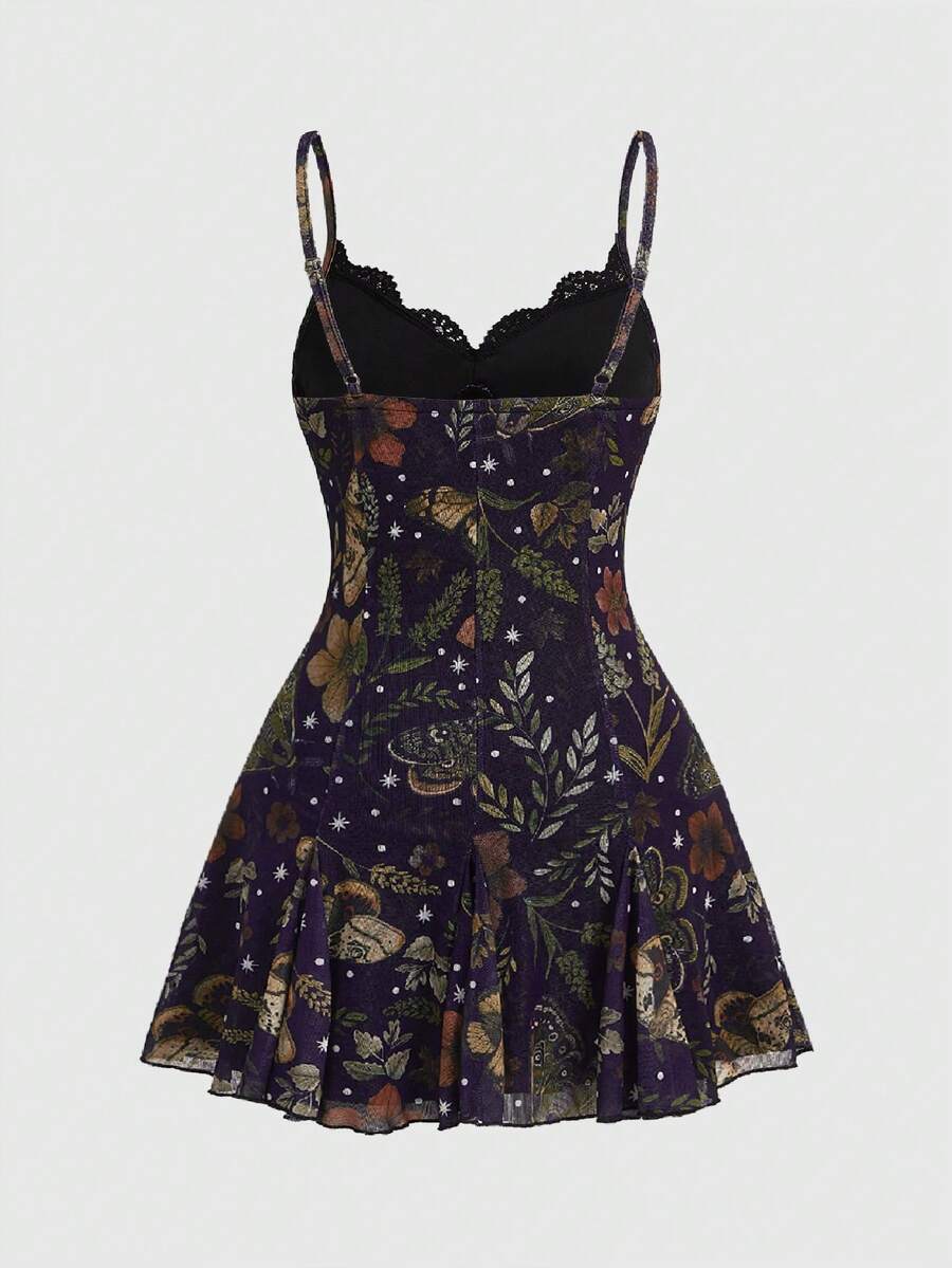 Women's Halloween boho gothic cami mini dress with spaghetti straps, contrast lace, pleated details, split design, high waist, and flared hem.