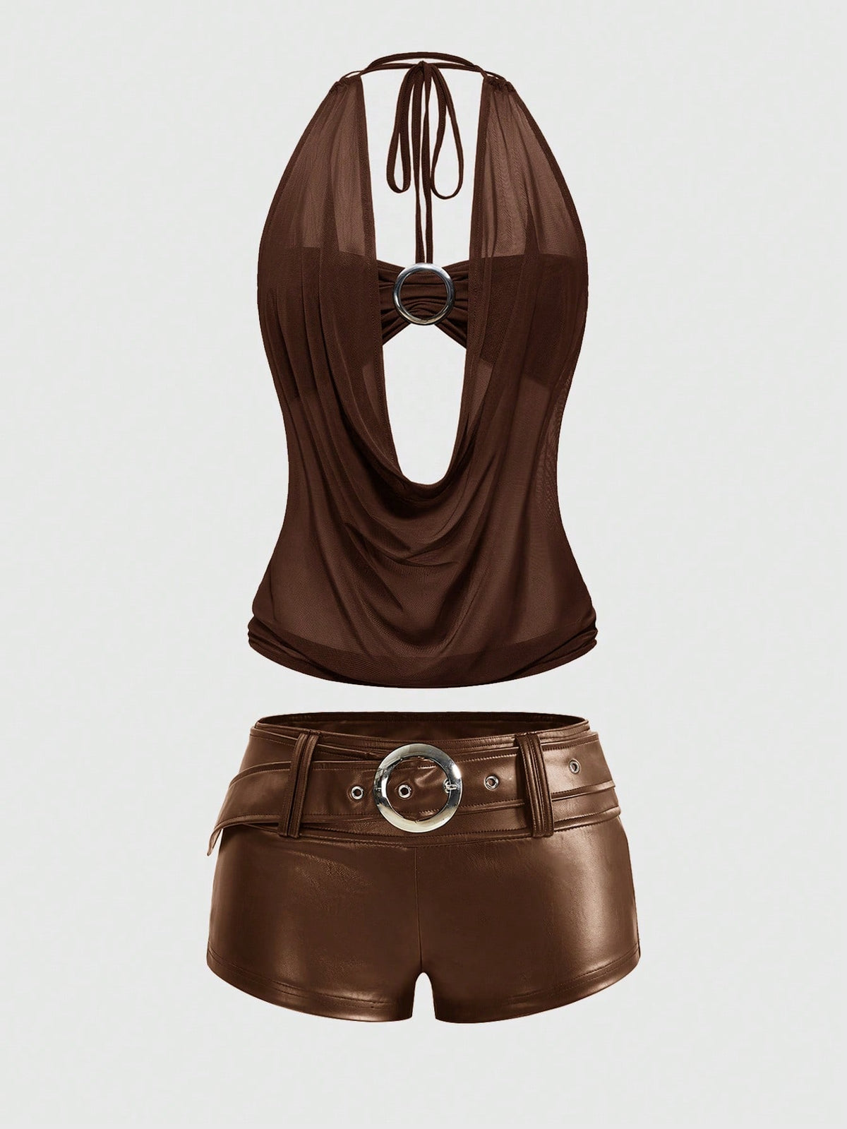 Women's Gyaru-style two-piece outfit with a draped halter crop top, backless tie detail, and mini bodycon shorts