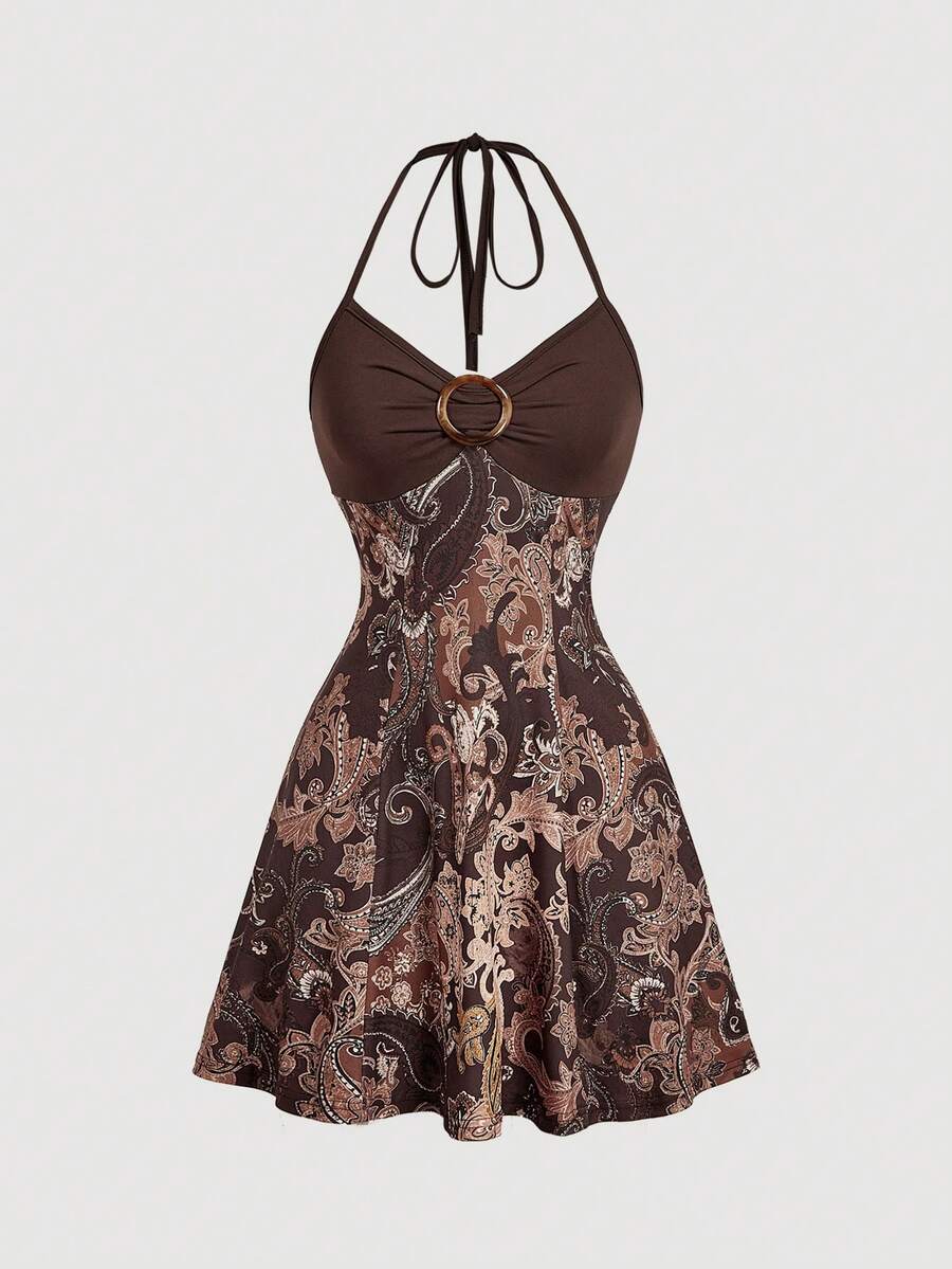 Women's apricot halter mini dress with backless knot and ring detail, sleeveless cami style, flared hem, and boho vacation look