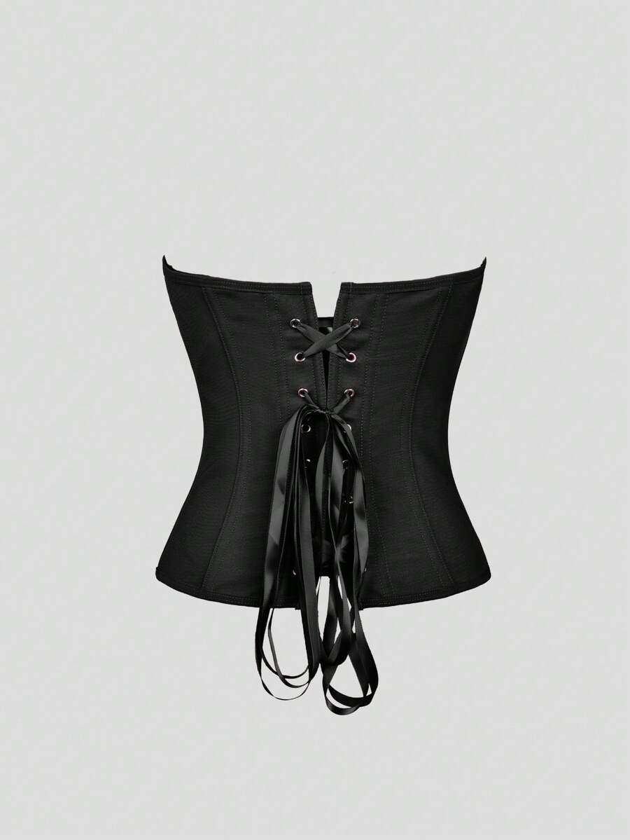 Solid color strapless corset tube top featuring a backless lace-up back design and cropped slim fit.