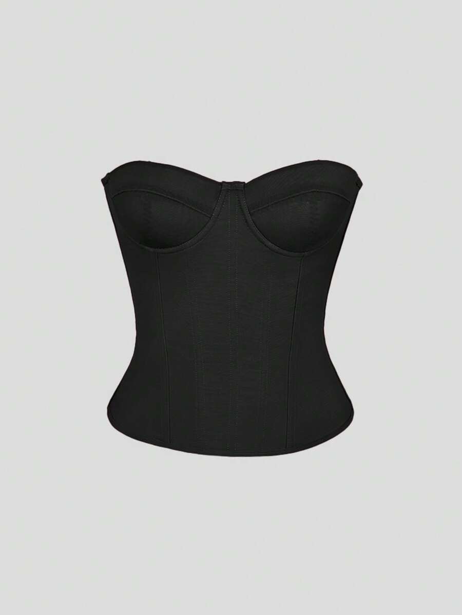 Solid color strapless corset tube top featuring a backless lace-up back design and cropped slim fit.