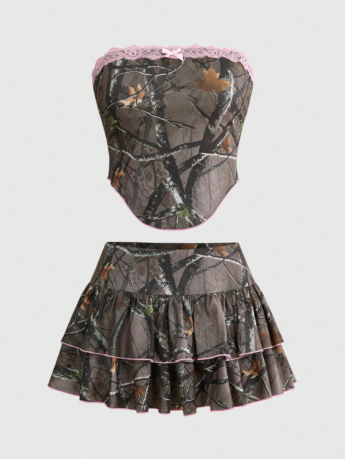 Army green Y2K plant print 2-piece set featuring a strapless boned crop top and matching low-waist ruffle hem mini skirt.