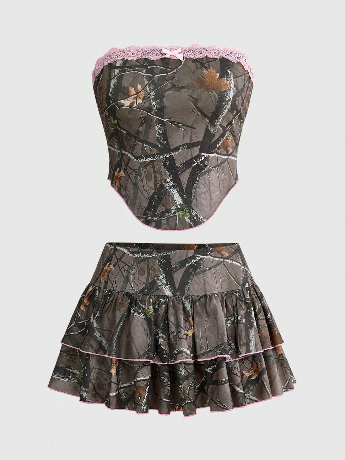Army green Y2K plant print 2-piece set featuring a strapless boned crop top and matching low-waist ruffle hem mini skirt.