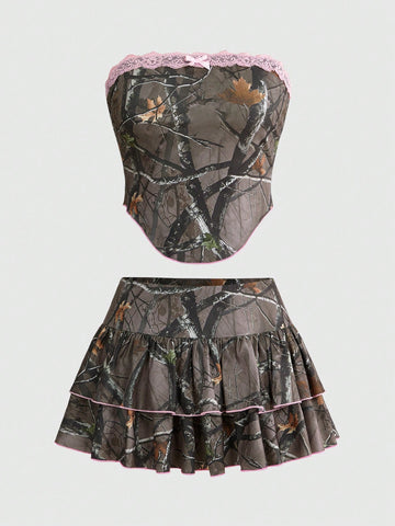 Army green Y2K plant print 2-piece set featuring a strapless boned crop top and matching low-waist ruffle hem mini skirt.