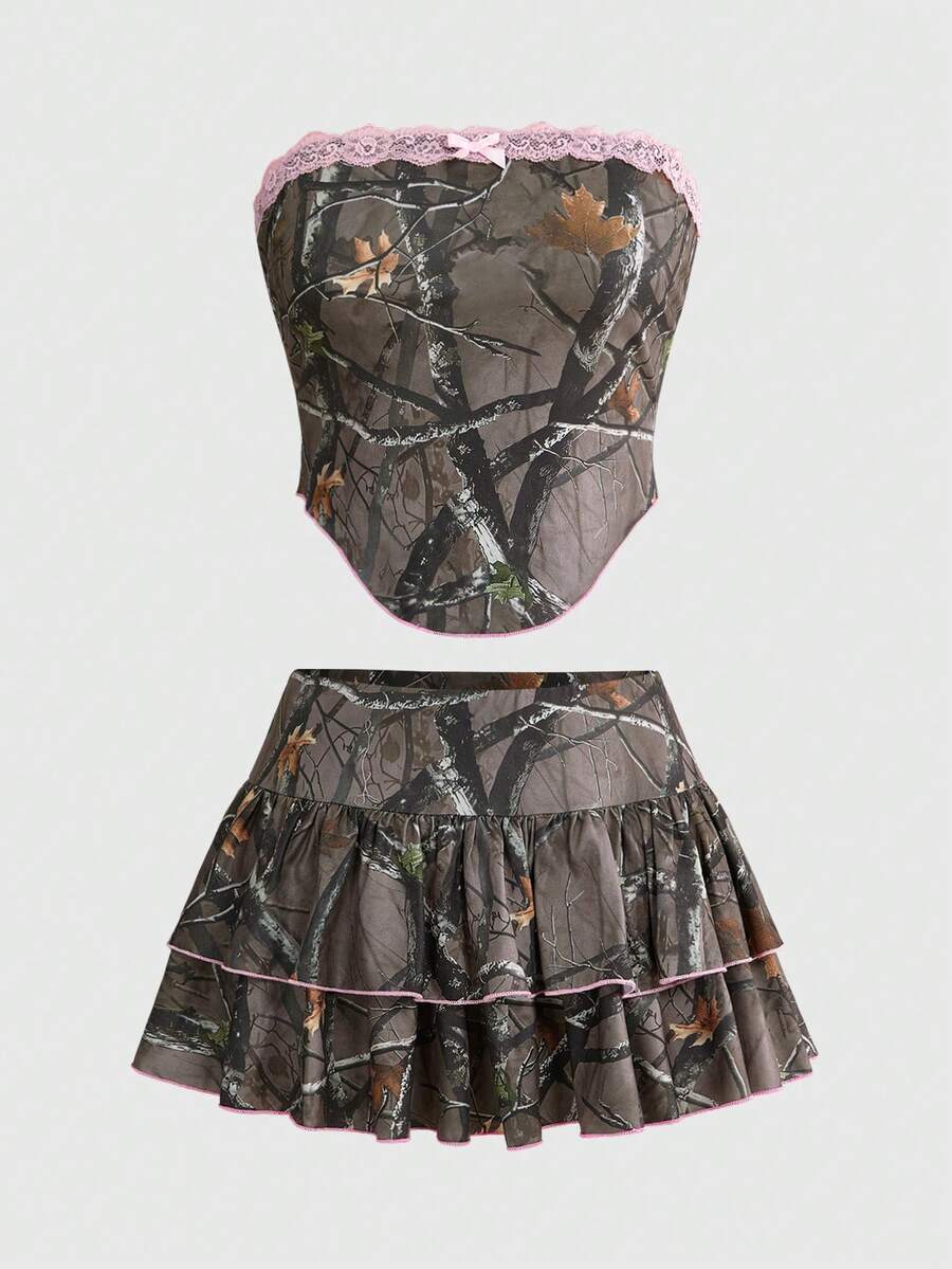 Army green Y2K plant print 2-piece set featuring a strapless boned crop top and matching low-waist ruffle hem mini skirt.
