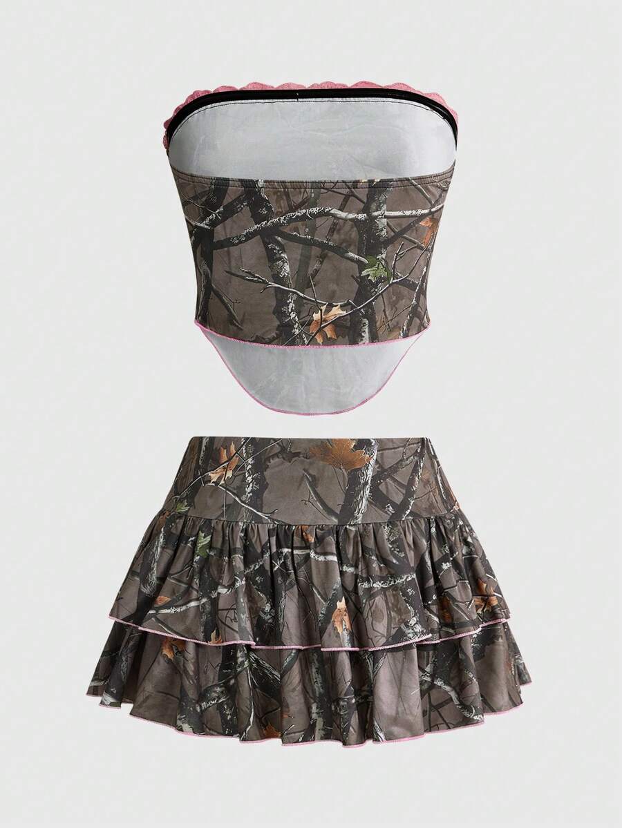 Army green Y2K plant print 2-piece set featuring a strapless boned crop top and matching low-waist ruffle hem mini skirt.