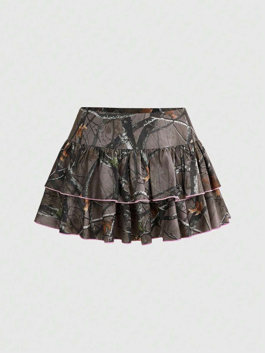 Army green Y2K plant print 2-piece set featuring a strapless boned crop top and matching low-waist ruffle hem mini skirt.