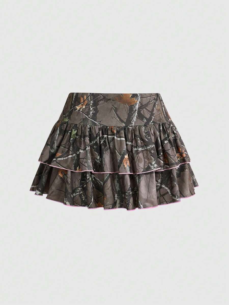 Army green Y2K plant print 2-piece set featuring a strapless boned crop top and matching low-waist ruffle hem mini skirt.