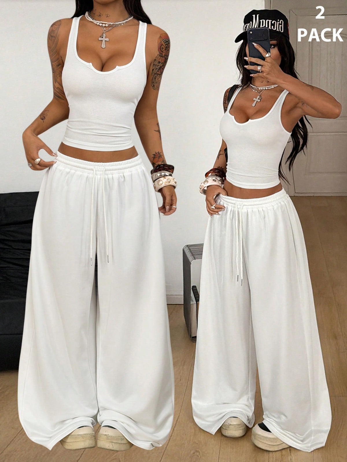 Women's two-piece casual outfit featuring a slim-fit camisole tank top with ruffle trim and button front paired with high-waisted wide leg pants.