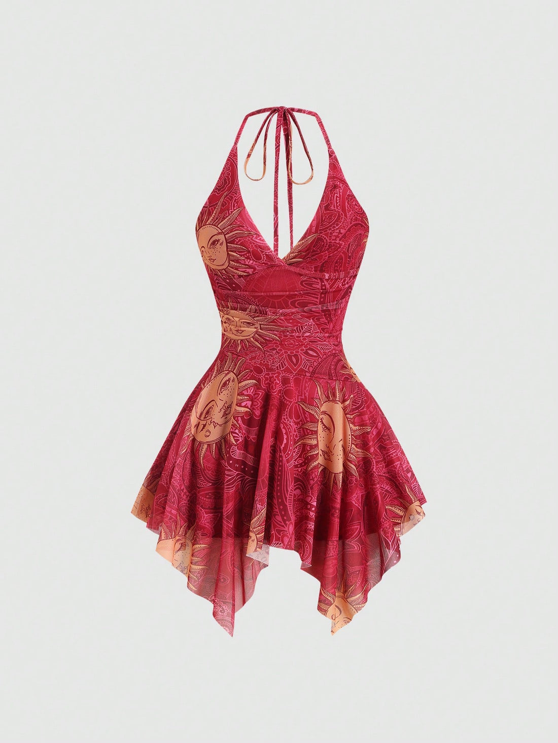 Y2K spaghetti strap sleeveless mini dress with ruched detail, backless cami styling, graphic pattern, slim fit, high waist, and asymmetrical hem