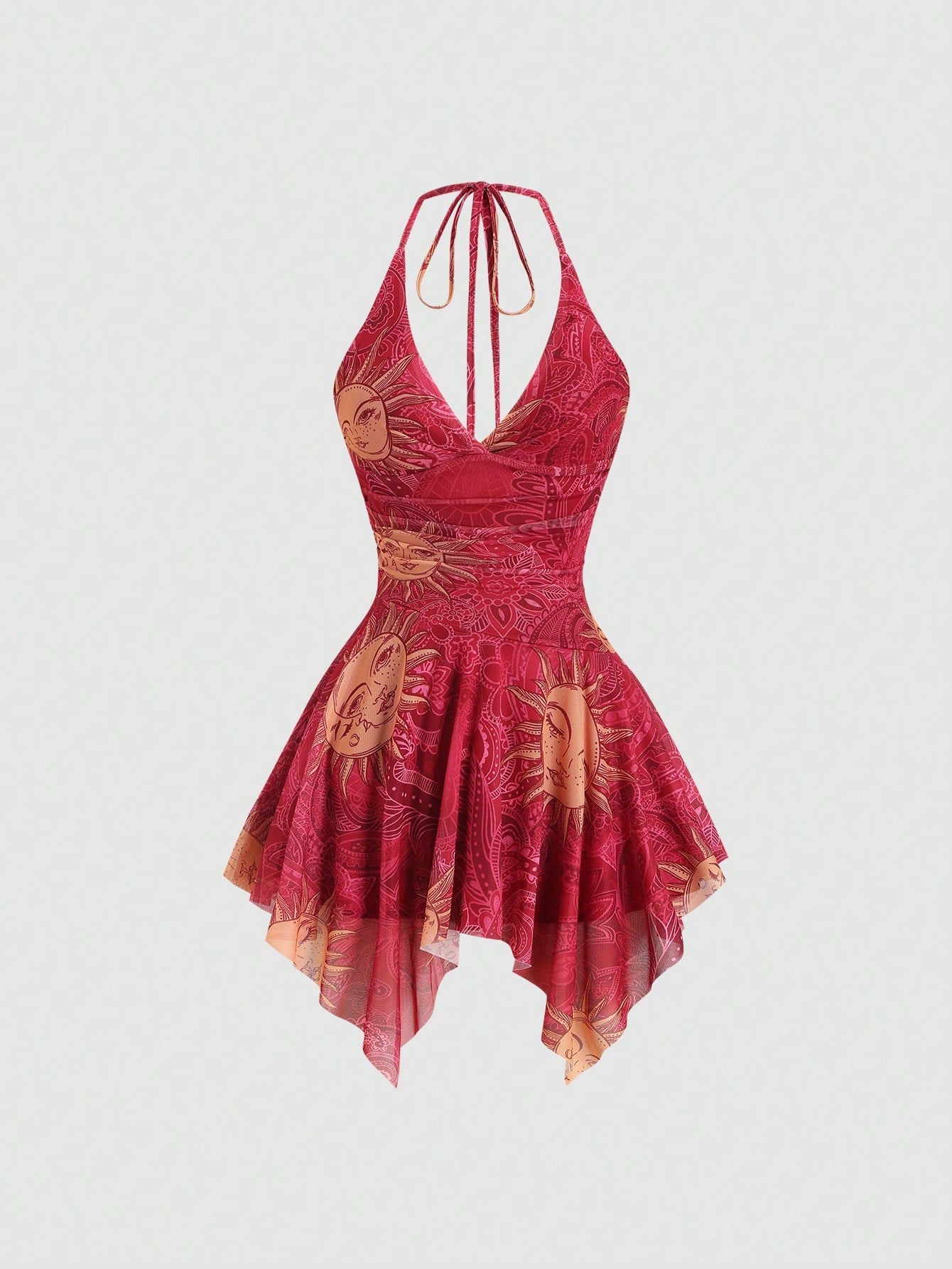Y2K spaghetti strap sleeveless mini dress with ruched detail, backless cami styling, graphic pattern, slim fit, high waist, and asymmetrical hem
