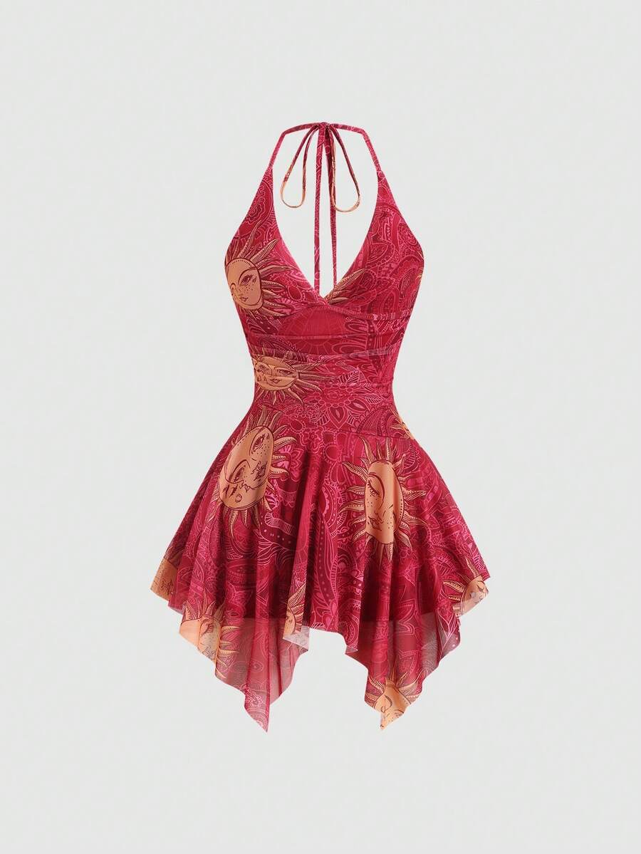 Y2K spaghetti strap sleeveless mini dress with ruched detail, backless cami styling, graphic pattern, slim fit, high waist, and asymmetrical hem