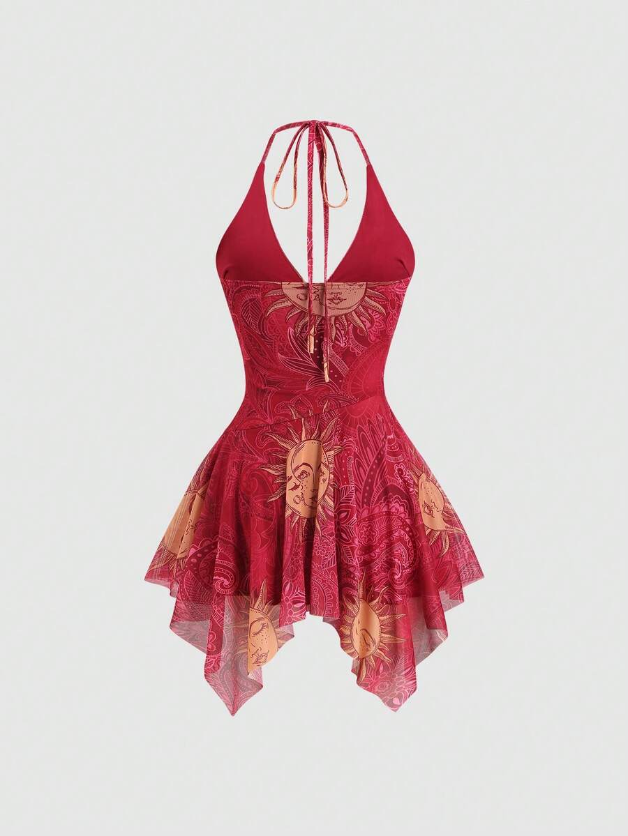 Y2K spaghetti strap sleeveless mini dress with ruched detail, backless cami styling, graphic pattern, slim fit, high waist, and asymmetrical hem