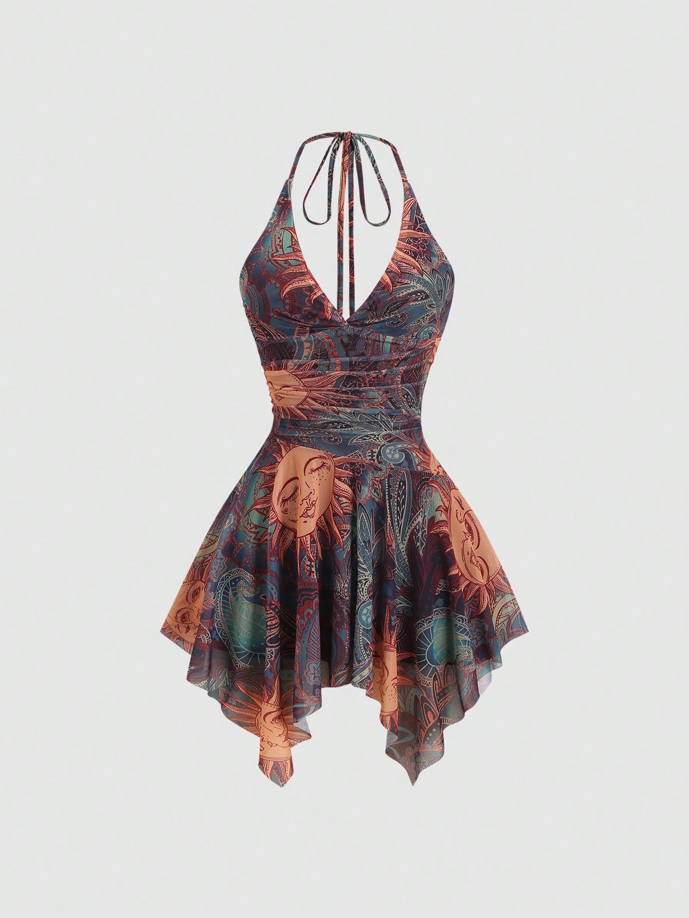 Y2K spaghetti strap sleeveless mini dress with ruched detail, backless cami styling, graphic pattern, slim fit, high waist, and asymmetrical hem