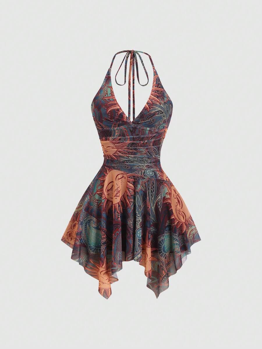 Y2K spaghetti strap sleeveless mini dress with ruched detail, backless cami styling, graphic pattern, slim fit, high waist, and asymmetrical hem