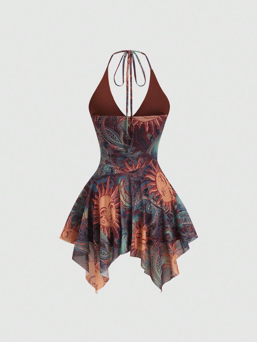 Y2K spaghetti strap sleeveless mini dress with ruched detail, backless cami styling, graphic pattern, slim fit, high waist, and asymmetrical hem
