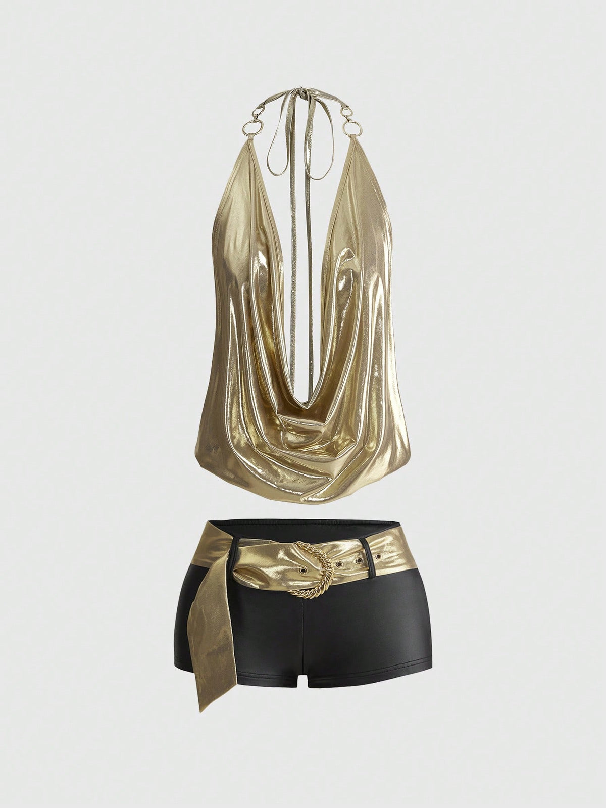 Brown colorblock women's two-piece outfit with draped halter camisole top and mini shorts