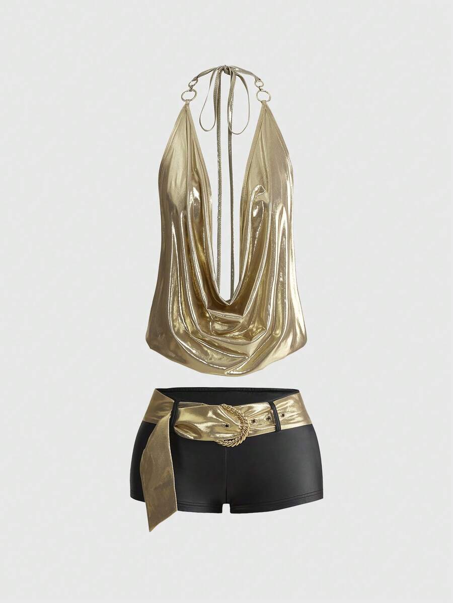 Brown colorblock women's two-piece outfit with draped halter camisole top and mini shorts