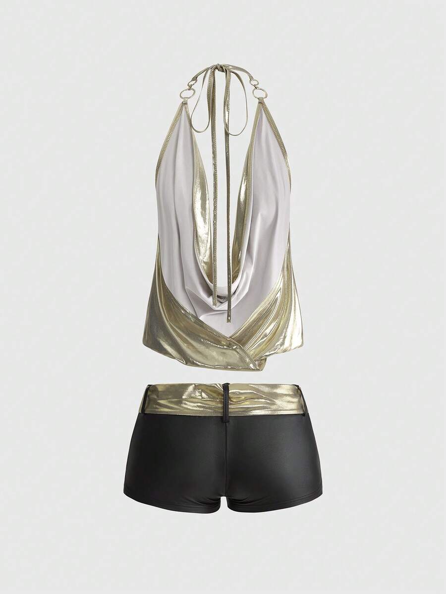 Brown colorblock women's two-piece outfit with draped halter camisole top and mini shorts