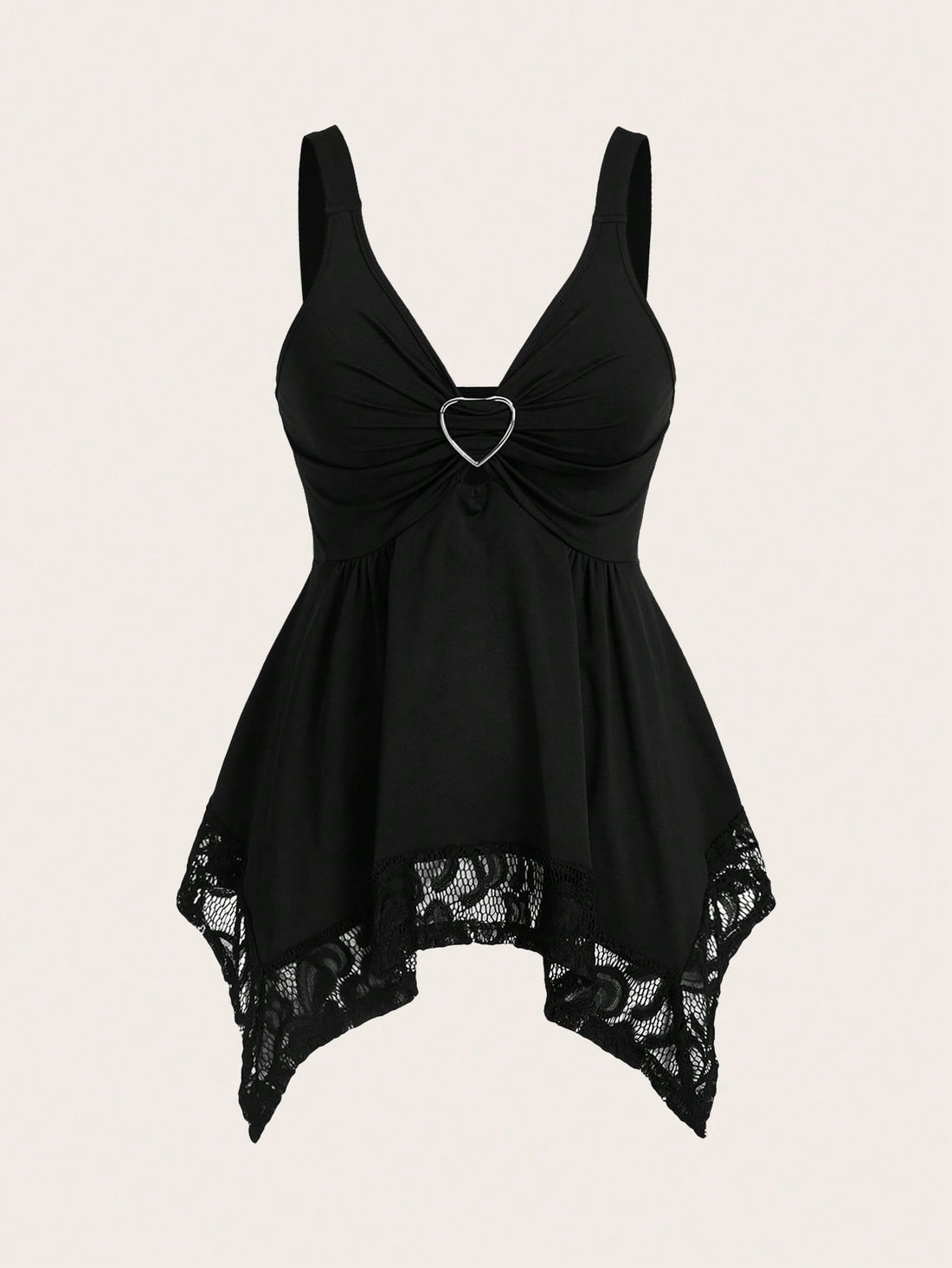 Olithes women contrast lace decorated heart shaped and floral splicing Y2K tank top featuring wide straps and asymmetrical hem.