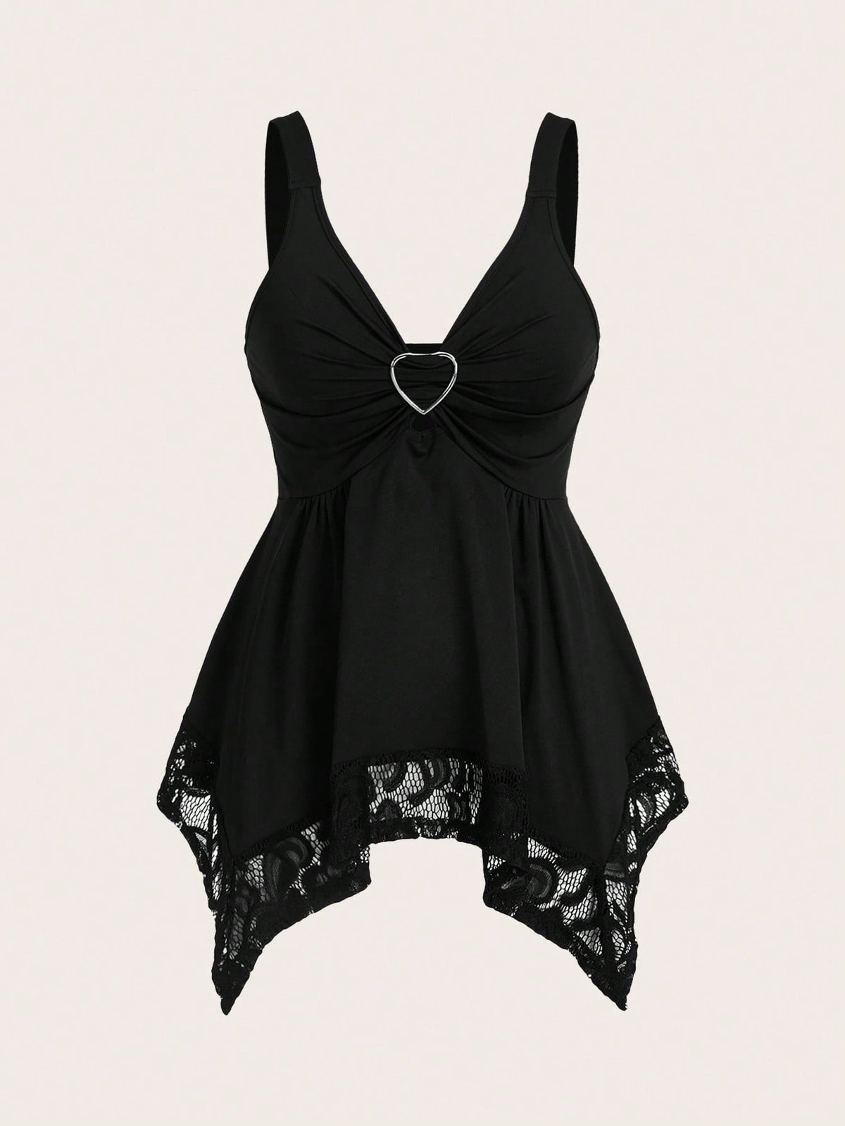 Olithes women contrast lace decorated heart shaped and floral splicing Y2K tank top featuring wide straps and asymmetrical hem.
