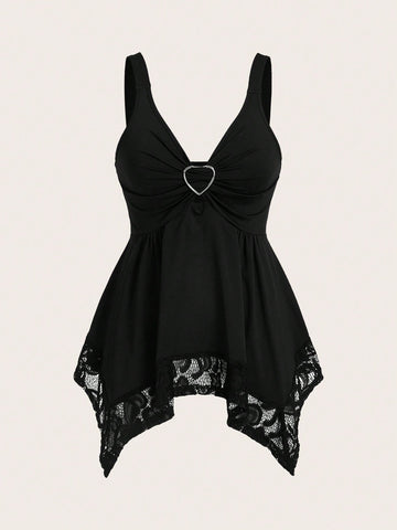 Olithes women contrast lace decorated heart shaped and floral splicing Y2K tank top featuring wide straps and asymmetrical hem.