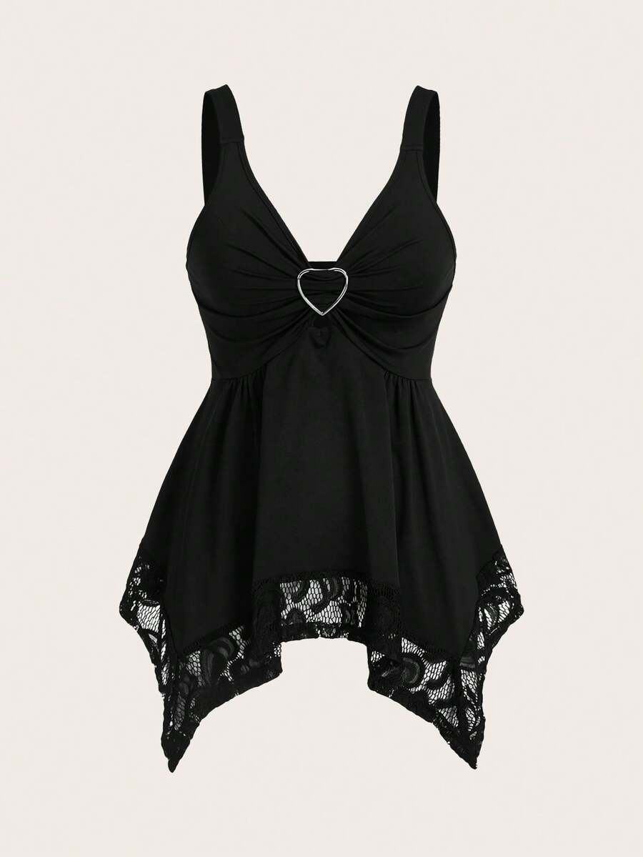 Olithes women contrast lace decorated heart shaped and floral splicing Y2K tank top featuring wide straps and asymmetrical hem.