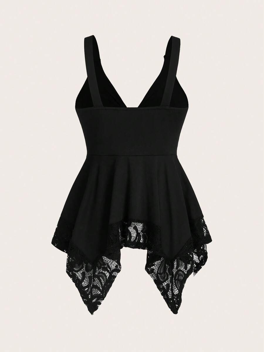 Olithes women contrast lace decorated heart shaped and floral splicing Y2K tank top featuring wide straps and asymmetrical hem.