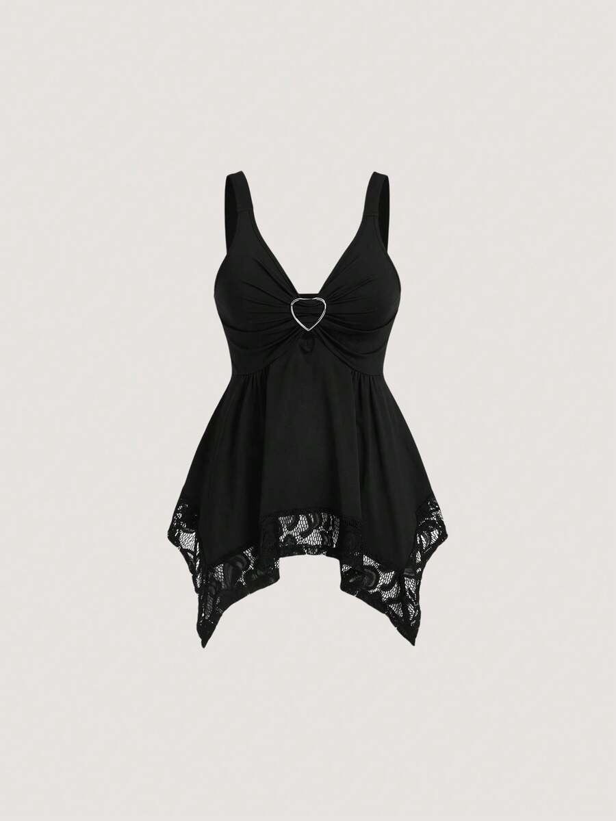 Olithes women contrast lace decorated heart shaped and floral splicing Y2K tank top featuring wide straps and asymmetrical hem.