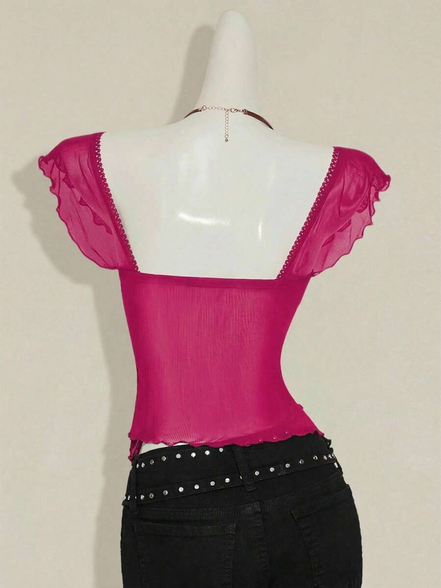 Black slim fit women's ruched front camisole tank top featuring contrast mesh inserts, square neckline, and an asymmetrical crop hem.