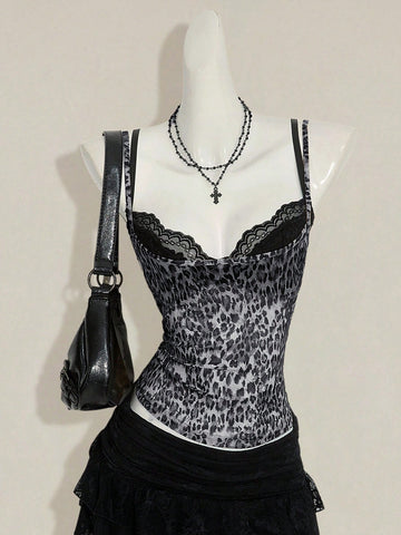 Women's grey leopard print spaghetti strap cami with black contrast lace trim and slim fit design