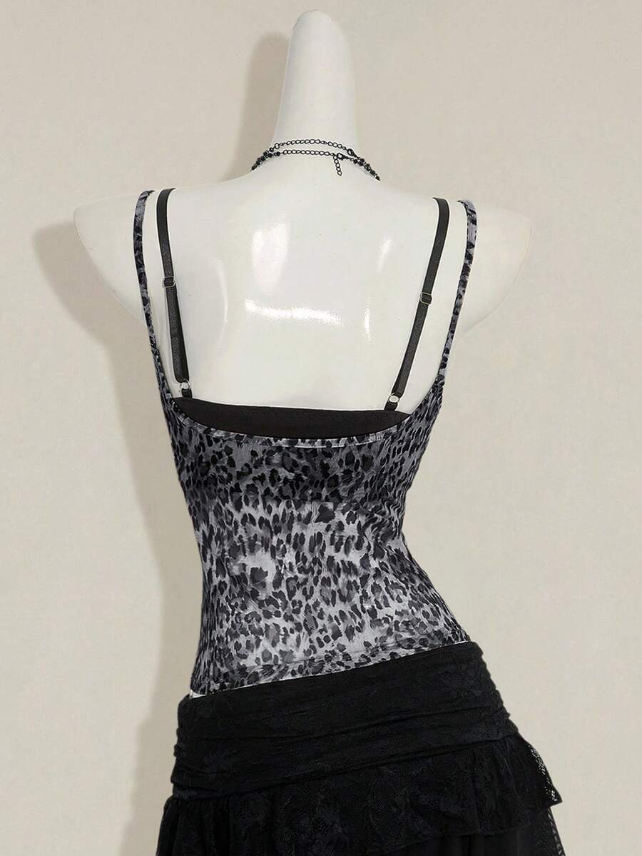 Women's grey leopard print spaghetti strap cami with black contrast lace trim and slim fit design